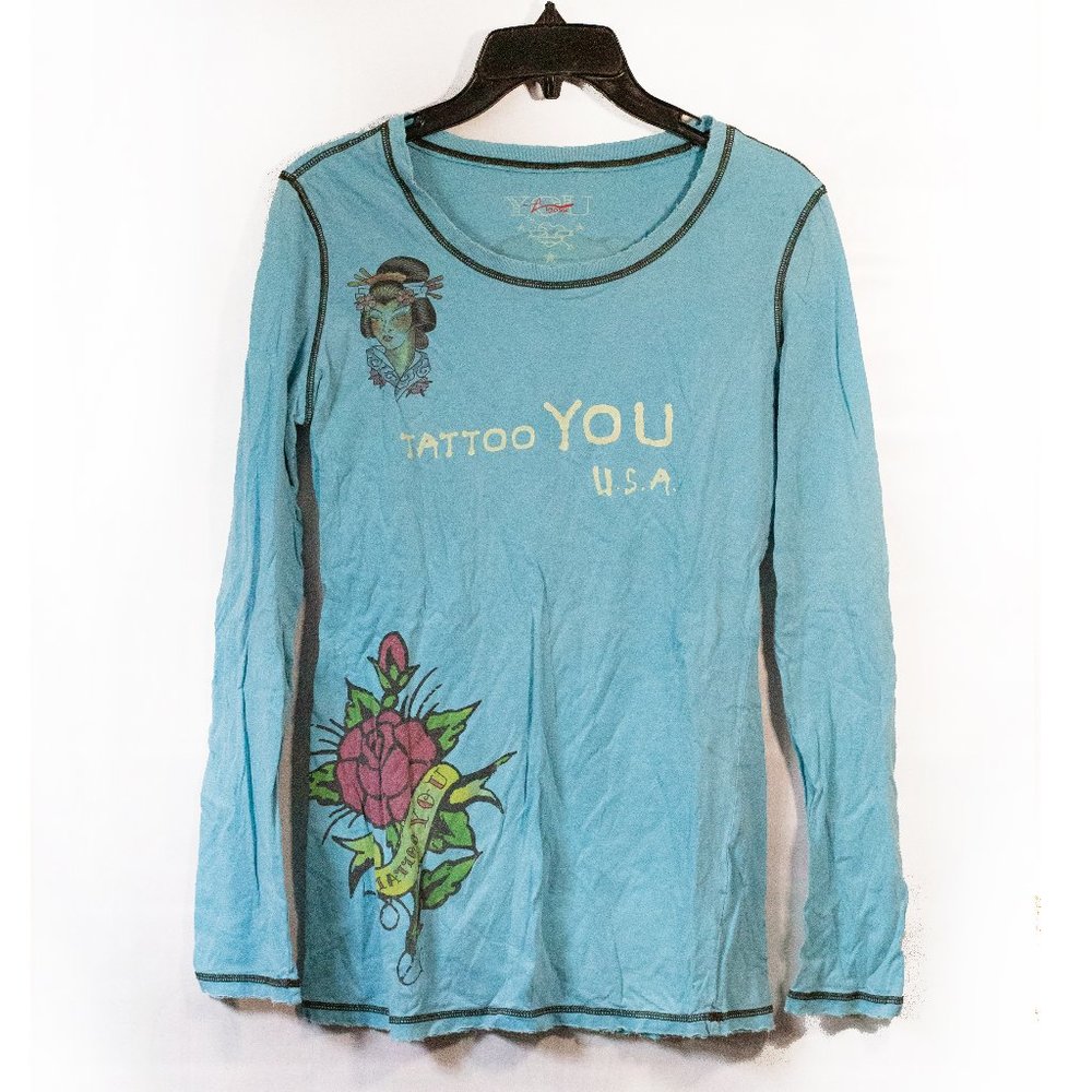 Vintage Vigoss Blue Long Sleeve Tattoo You Graphic Tiger Rose T Shirt, Size S